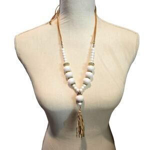 Necklace Beaded Tassel Y White Gold Tone Adjustable Slide Cord Boho 30" SKU2898